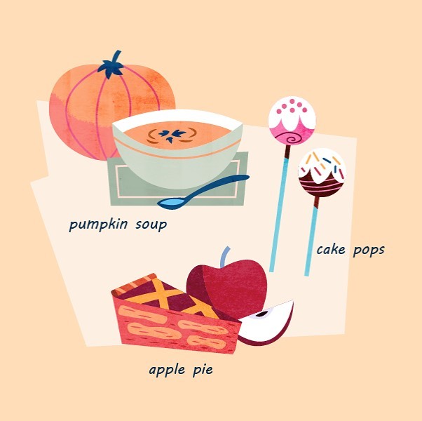 :::Autumn snack & food::: #pumpkin #vectorart #pumpkinsoup #cakepops #applepie #foodillustration