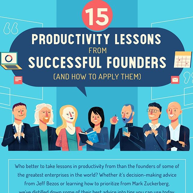 :::15 Productivity lessons from successful founders -infographic:::Here are some famous business people I have illustrated for an infographic. They were 15 in total but you can check some of them in my post like #elonmusk #stevejobs #jeffbezos etc #infographic #vector #adobedrawing #adobeillustrator #design #editorialillustration