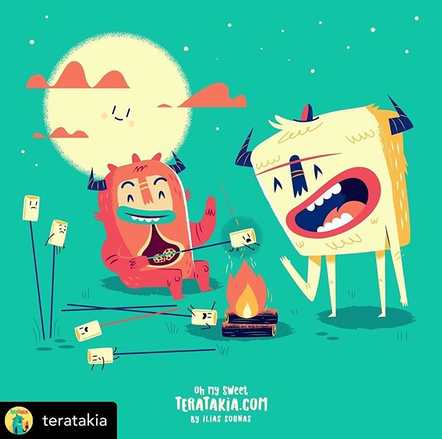 Follow @teratakia 03. Happy Campfire Marshmellows ..#illustration #vector #sounasart #characterdesign #chocolate #monster  #marshmellow #campfire #cookiemonster