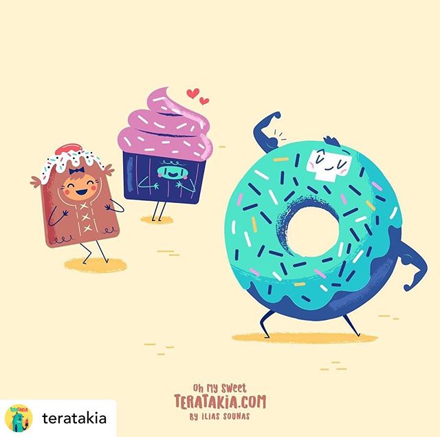 @teratakia 18. Mr Gym Donut  ( with Bon Bon & Miss Cupcake)..#teratakia #donut #sweets #vector_illustration #vectorart #funny #gym #εικονογράφηση #dailyart #illustration #adobeillustrator #illustragram #sounasart #characterdesign