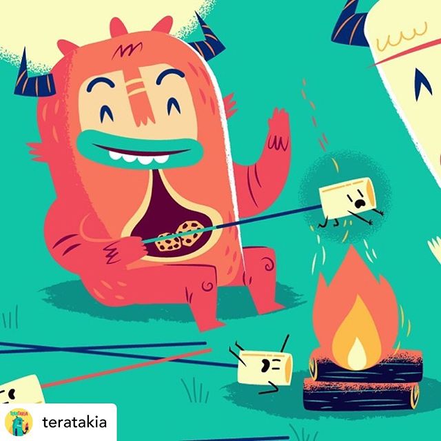 Follow @teratakia “Save me!”..#illustration #vector #sounasart #characterdesign #chocolate #monster  #marshmellow #fire