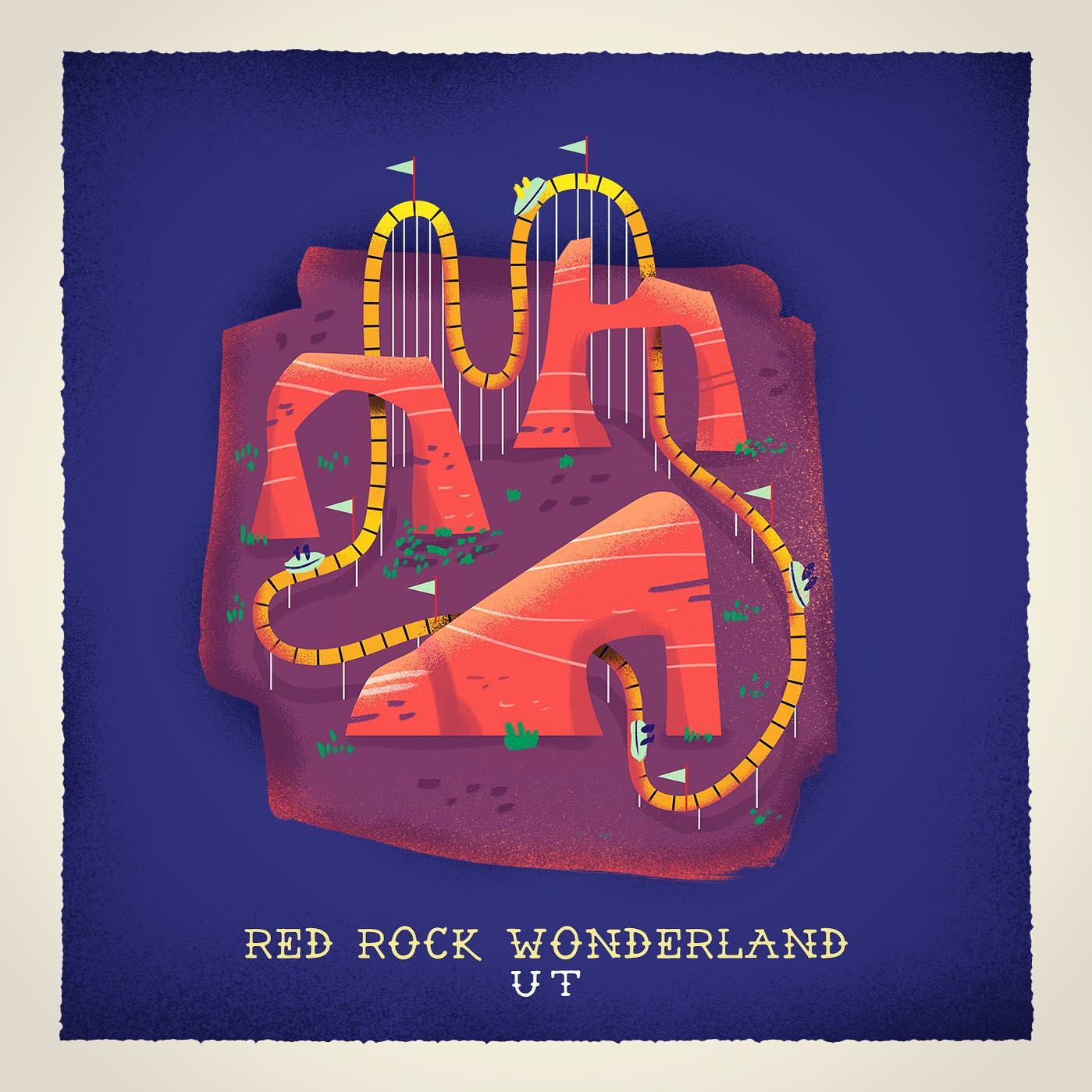 ::::Red rock wonderland theme park:::..#illustration #utah #themepark #vectorart #adobedrawing  #rollercoaster #rock #sounasart #mountainrocks
