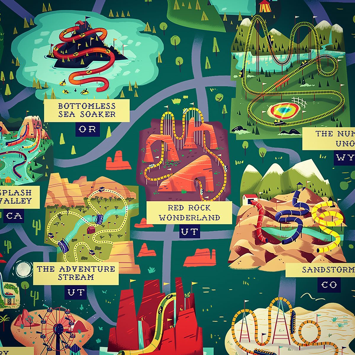 :::Theme parks - detail from a map design:::...#mapdesign #themeparks #usamap #infographic #graphicdesign #illustration #adobedrawing #lake #mountain #sounasart #illustrationoftheday #εικονογράφηση