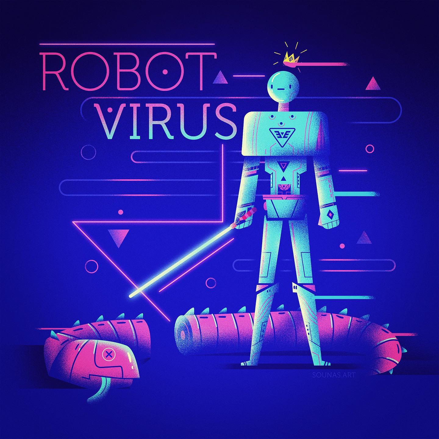 :::Robot Virus - an 80s-style illustration:::..#80s #robot #virus #illustration #arcadegames #dragon #wyrm #worm #neon #lightsaber #εικονογράφηση #vectorart #adobeillustrator #vectorillustration #sounasart #designinspiration #instaart #illustrationoftheday