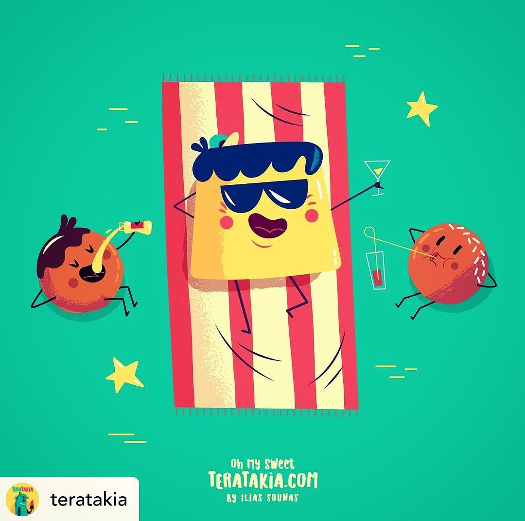 Repost• @teratakia 11. Creme Caramel on the beach! 🏖..#summertime #cremecaramel #teratakia #sounasart #εικονογράφηση #vectorart #illustration #summer #characterdesign #cartoonart #childrenbookillustration #illustrationsforkids
